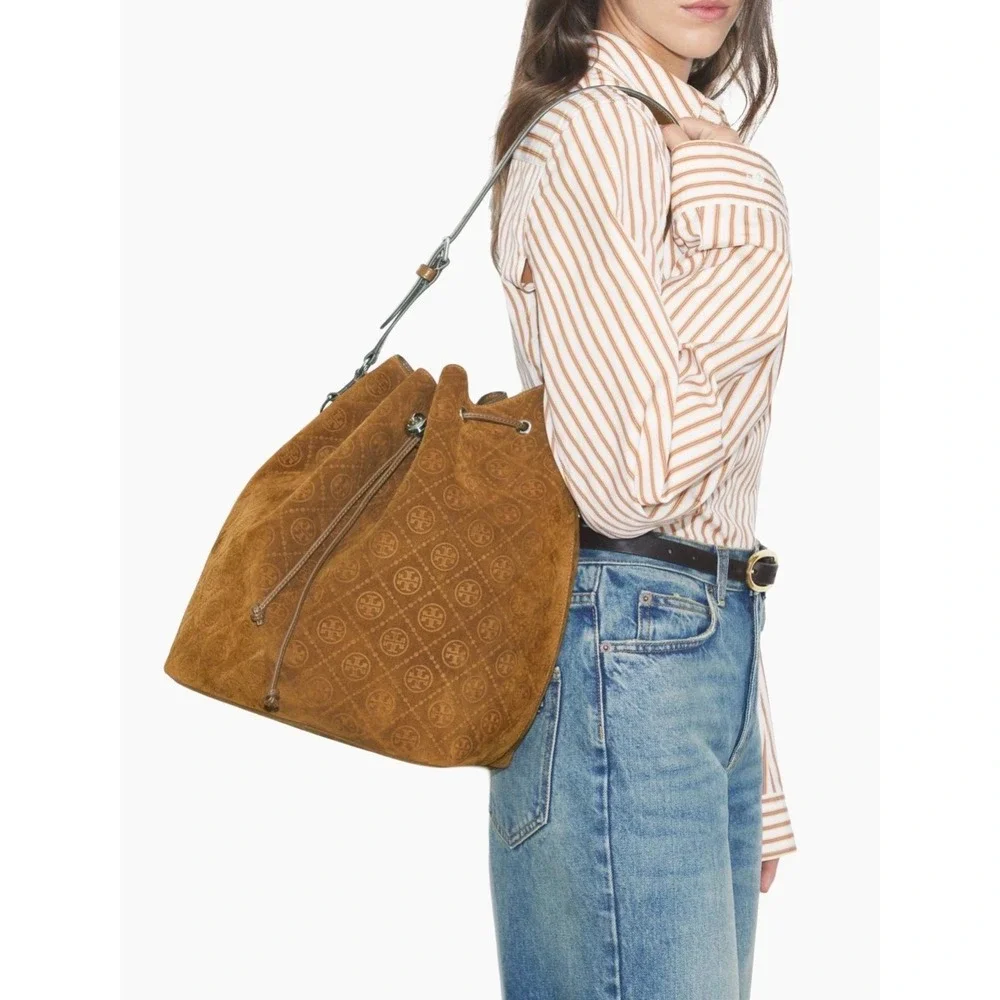 NWT Tory Burch T Monogram Suede Oversized Bucket Bag OS Chicory Brown Drawstring